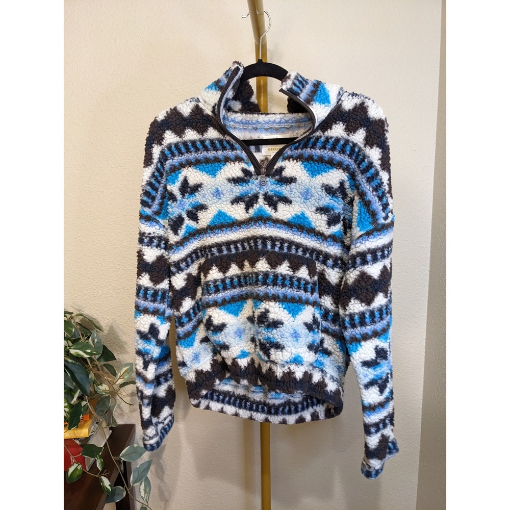 Aerie Sherpa Fleece Quarter Zip Fair Isle Pullover Sweater